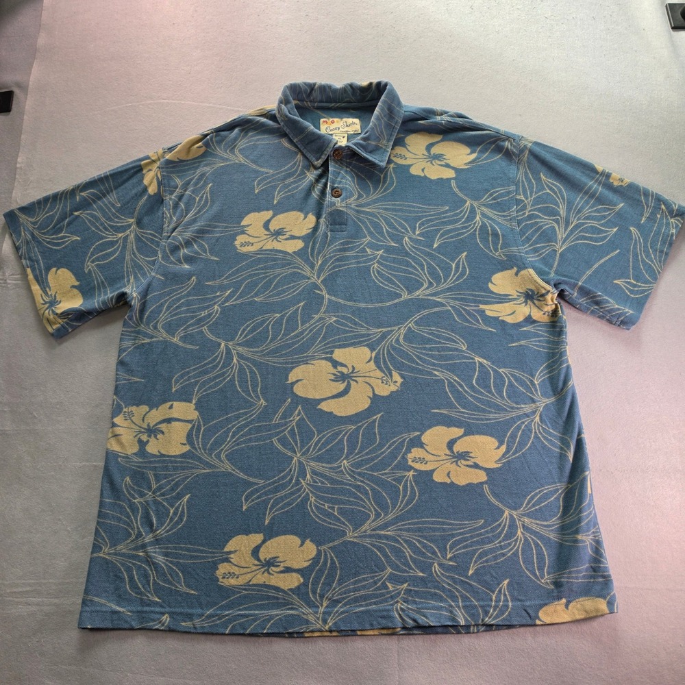 Crazy Shirts Hawaiian Polo Mens XL Blue Hibiscus Floral Print Cotton Pique Shirt